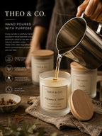 A hand pours hot water into a frosted glass candle jar labeled THEO & CO. Oakmoss & Amber, with other candles and a wooden lid nearby on a rustic table.