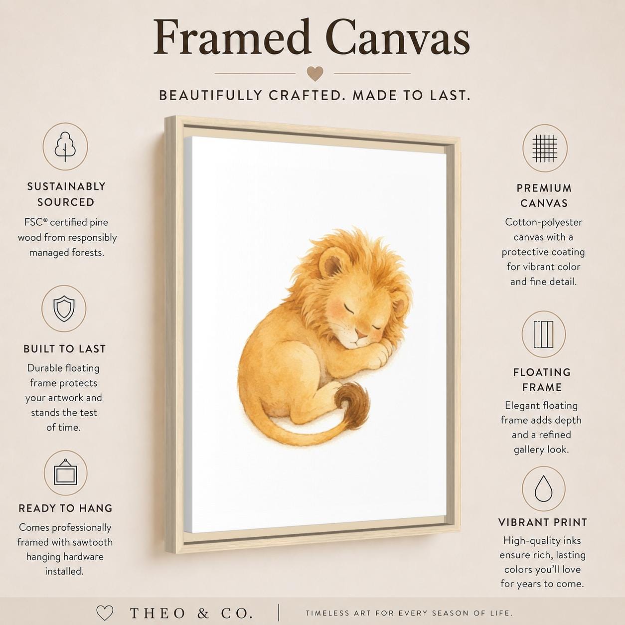 A framed canvas art print featuring a watercolor illustration of a sleeping lion cub, presented on a beige background with product features and text. The text includes 'Framed Canvas' and descriptive callouts for sustainably sourced pine wood, premium canvas, floating frame, and vibrant print.