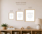 A framed canvas art print size guide displayed on a beige wall above a wooden shelf. The image shows three framed prints labeled 8 x 10 inches, 11 x 14 inches, and 16 x 20 inches, with text indicating framed canvas artwork dimensions.