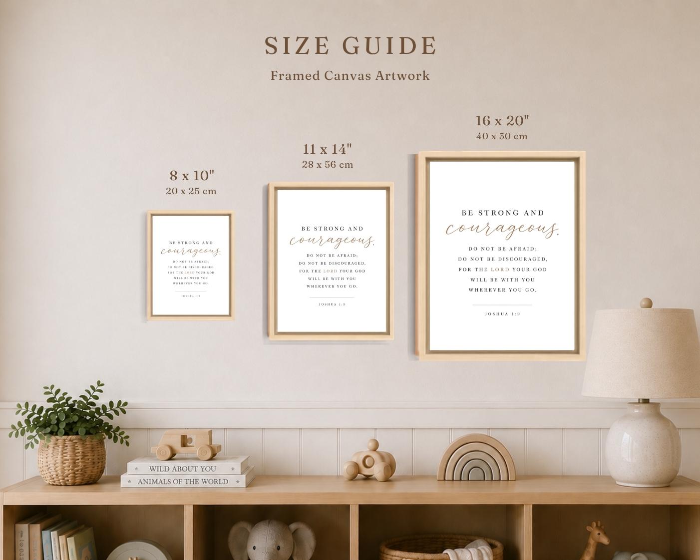 A framed canvas art print size guide displayed on a beige wall above a wooden shelf. The image shows three framed prints labeled 8 x 10 inches, 11 x 14 inches, and 16 x 20 inches, with text indicating framed canvas artwork dimensions.