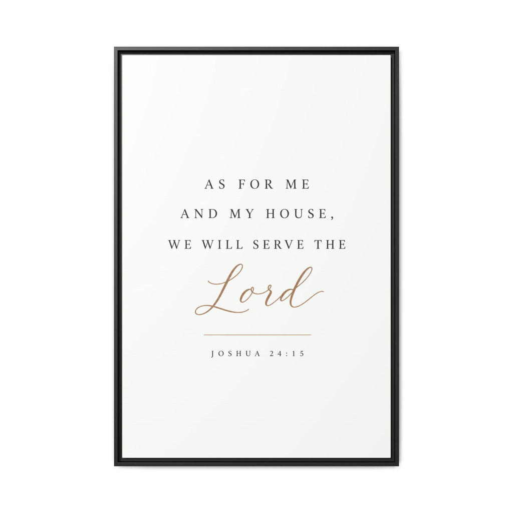 A framed typographic wall art print featuring the Bible verse Joshua 24:15, with the word 'Lord' in cursive and the rest of the text in serif type. The print has a white background with a thin black frame.