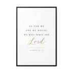 A framed typographic wall art print featuring the Bible verse Joshua 24:15, with the word 'Lord' in cursive and the rest of the text in serif type. The print has a white background with a thin black frame.