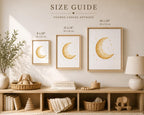 A styled nursery wall with three framed canvas prints showing crescent moon artwork, labeled with sizes 8 x 10", 11 x 14", and 16 x 20". The scene includes a wooden shelf with books, baskets, a lamp, and a bunny toy, under the heading 'SIZE GUIDE' for framed canvas artwork.