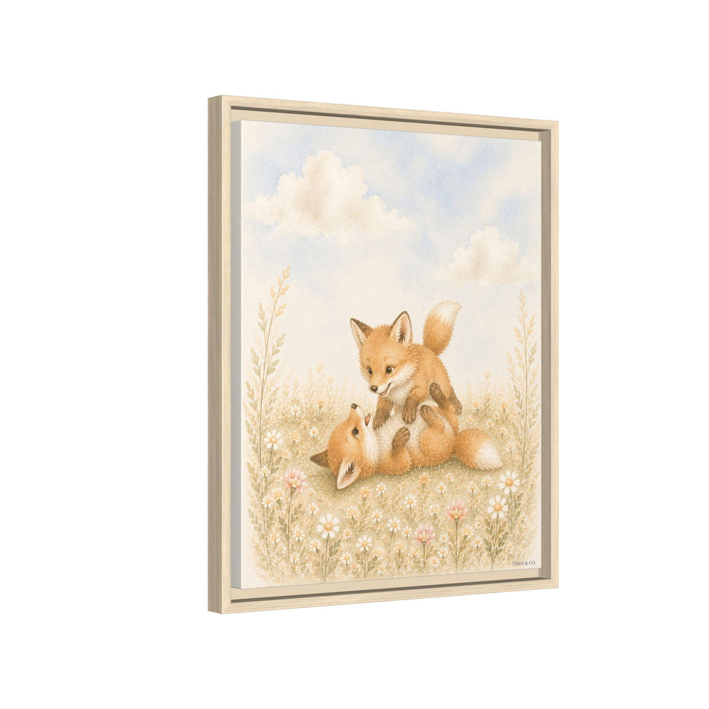 Playful Baby Foxes Woodland Framed Canvas