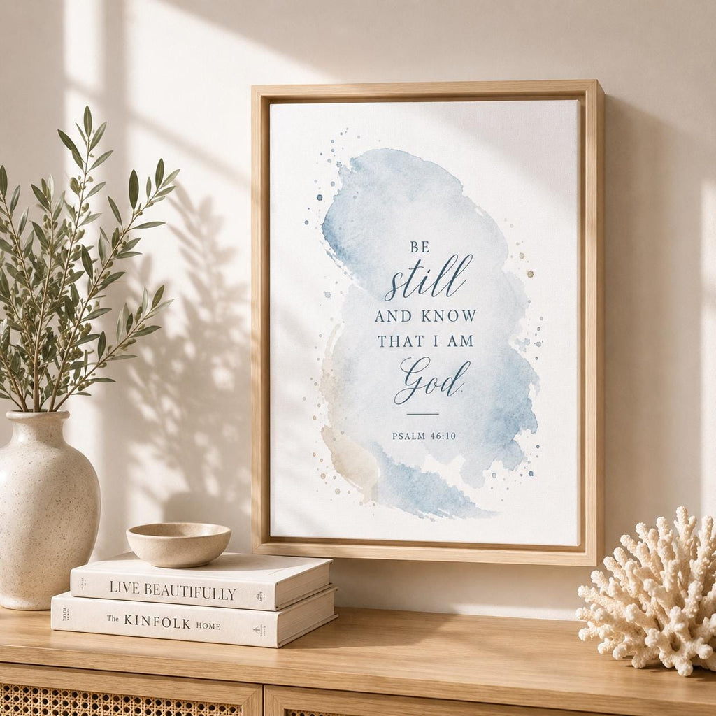 Framed wall art with a watercolor-style blue and beige wash and the text 'BE still AND KNOW THAT I AM God' on a light wood console table, styled with books, a bowl, a vase with greenery, and coral decor.