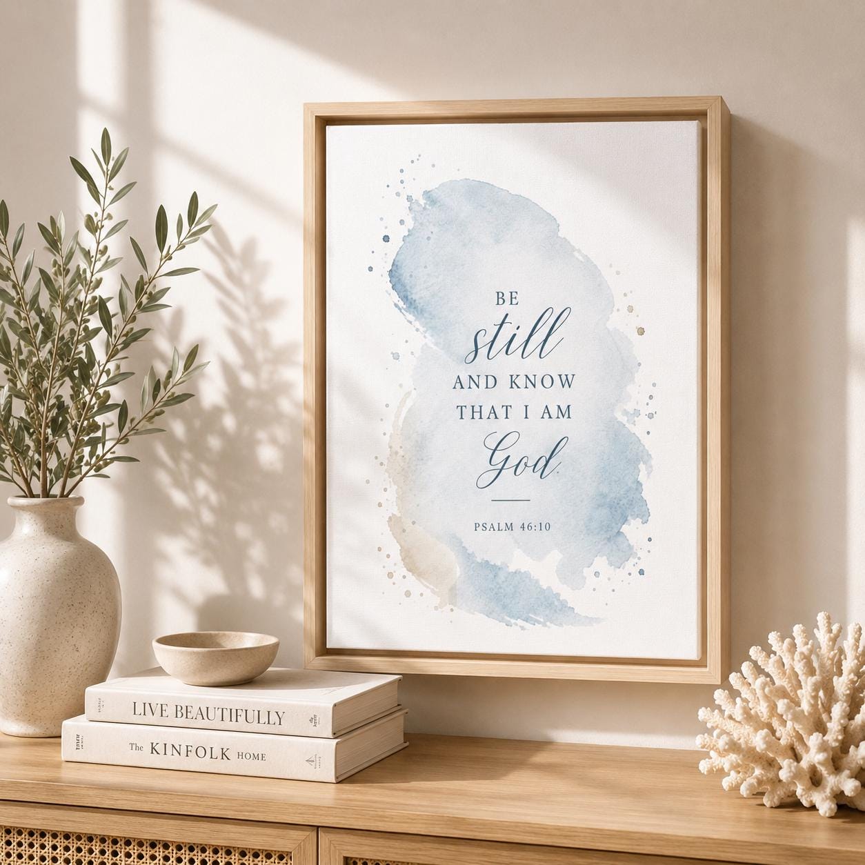 Framed wall art with a watercolor-style blue and beige wash and the text 'BE still AND KNOW THAT I AM God' on a light wood console table, styled with books, a bowl, a vase with greenery, and coral decor.