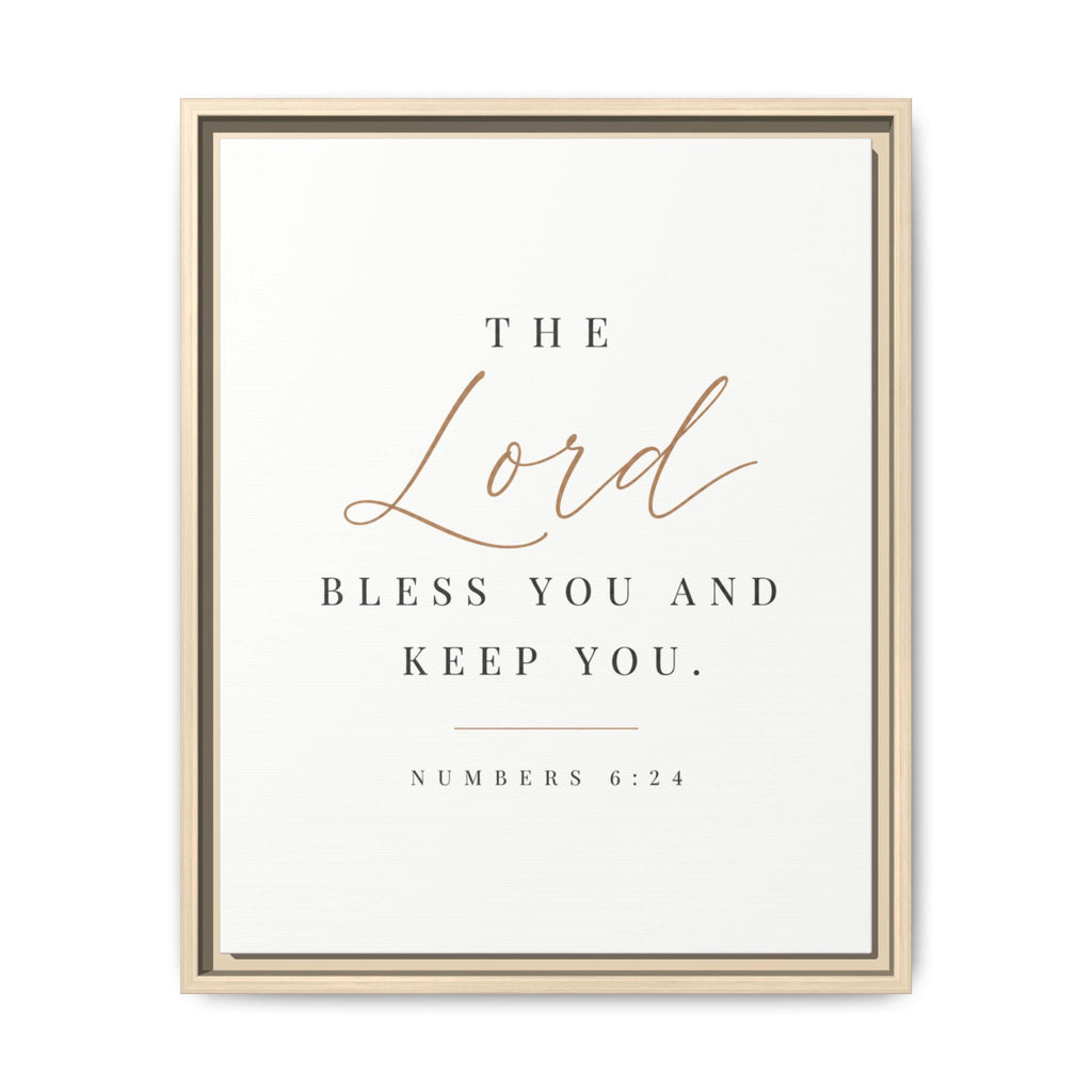 A framed typographic wall art print with the Bible verse 'The Lord bless you and keep you. Numbers 6:24' on an off-white background.