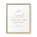 A framed typographic wall art print with the Bible verse 'The Lord bless you and keep you. Numbers 6:24' on an off-white background.