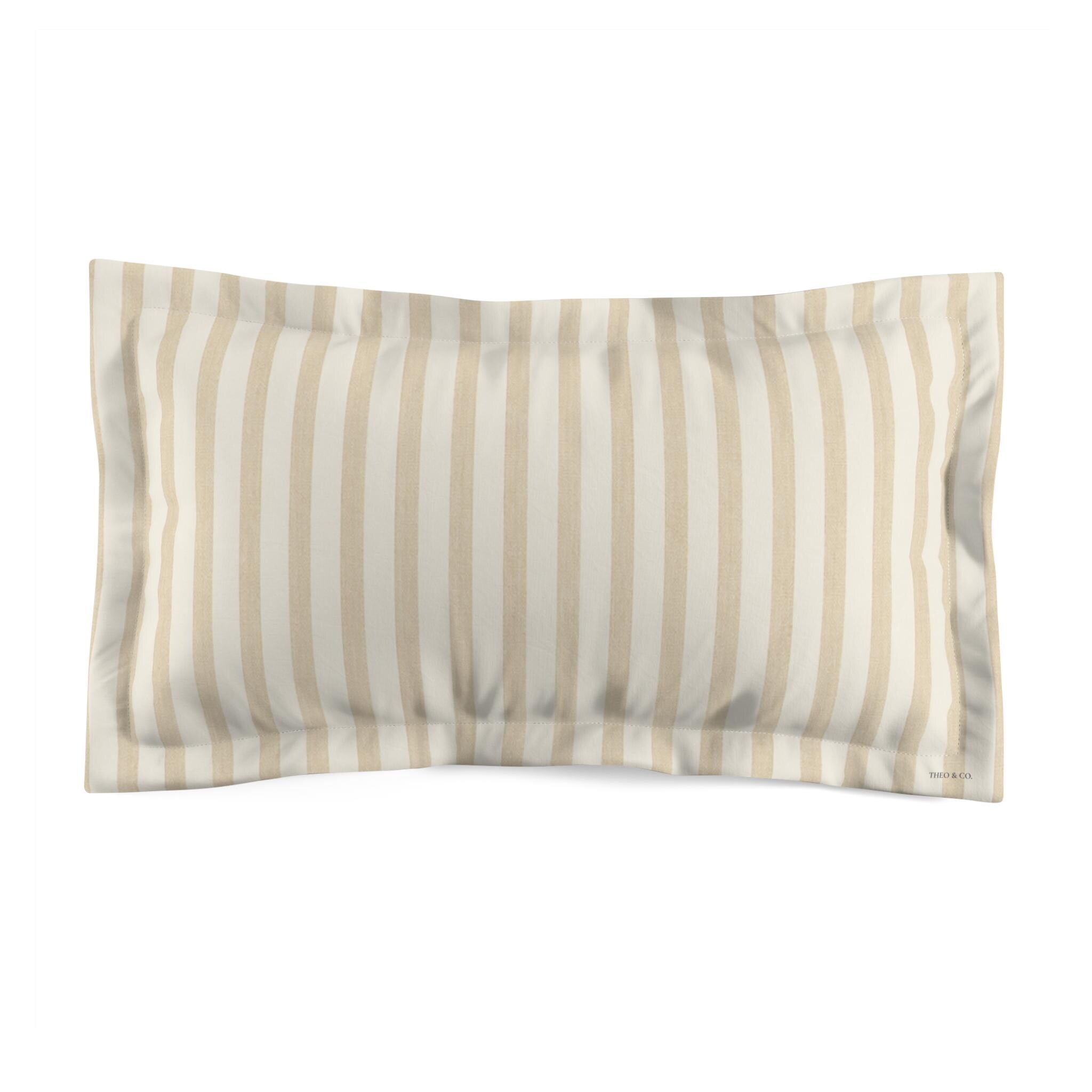 A rectangular pillow sham with vertical stripes in beige and off-white, shown against a plain white background.