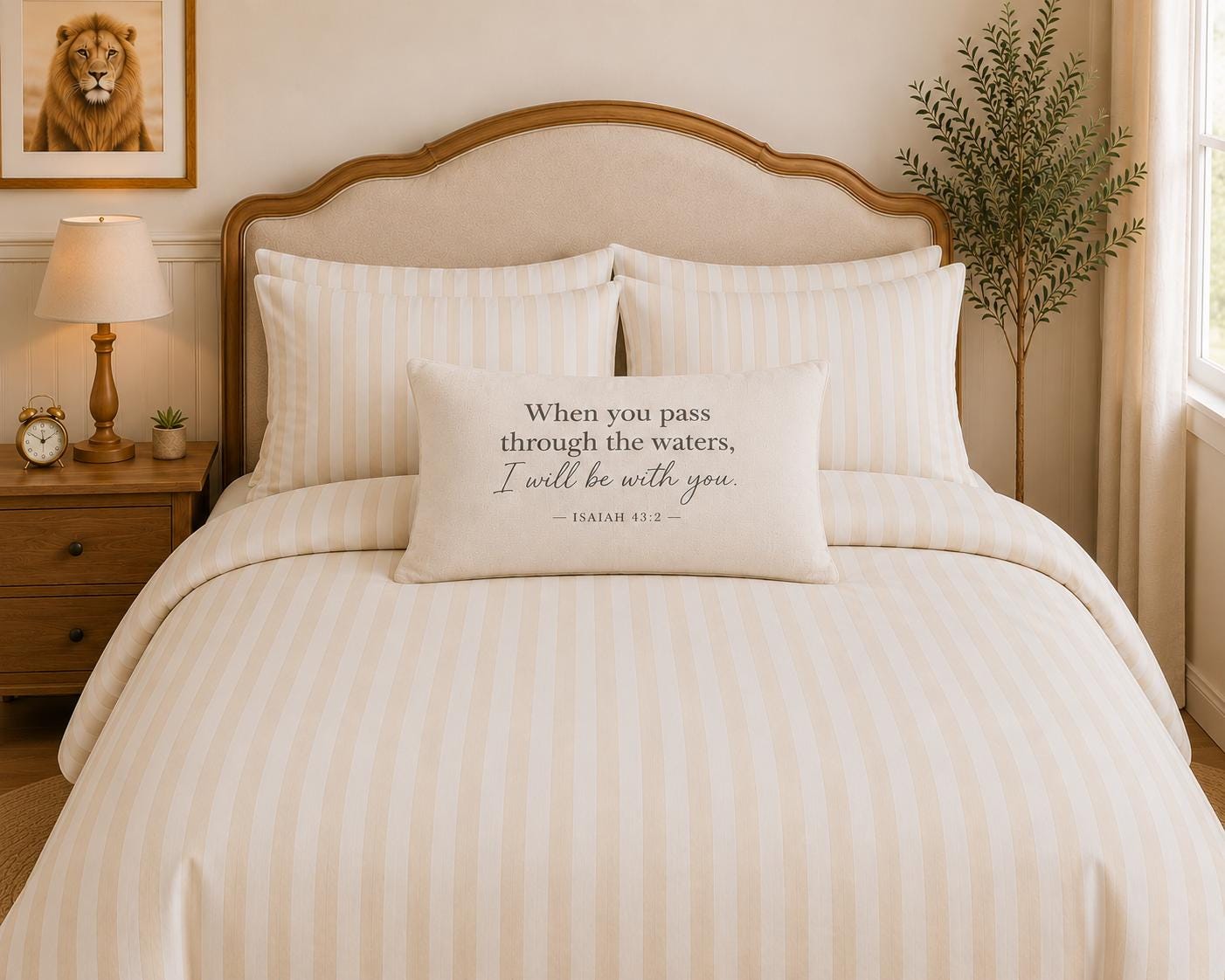 A neatly made bed with cream and beige vertically striped bedding, featuring a matching striped comforter, two pillows, and a square white accent pillow printed with the quote 'When you pass through the waters, I will be with you - MALACHI 3:21'. The bed is styled in a warm bedroom setting with a wooden headboard, bedside lamp, and a potted plant.