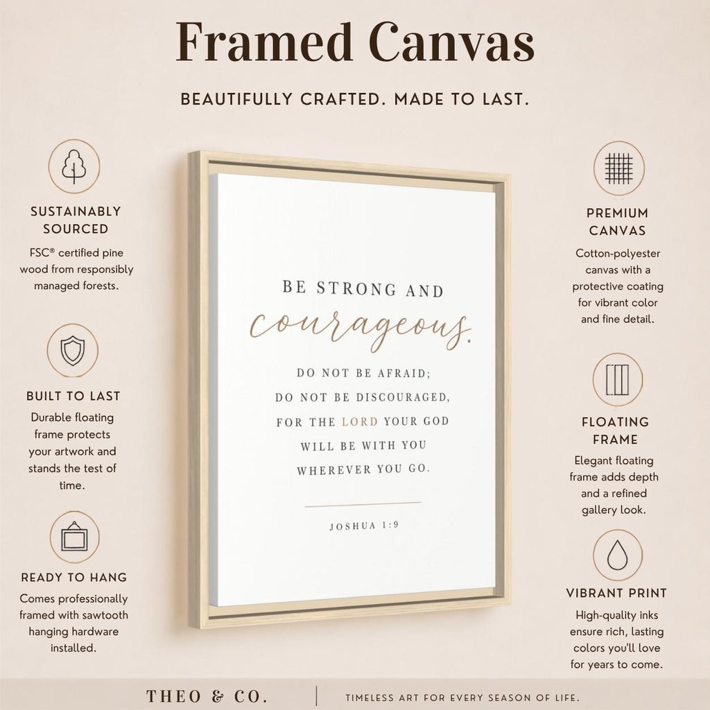 A framed canvas print shown on a warm beige background with marketing text and icons around it. The central product is a vertical white canvas with dark text reading 'BE STRONG and courageous.
