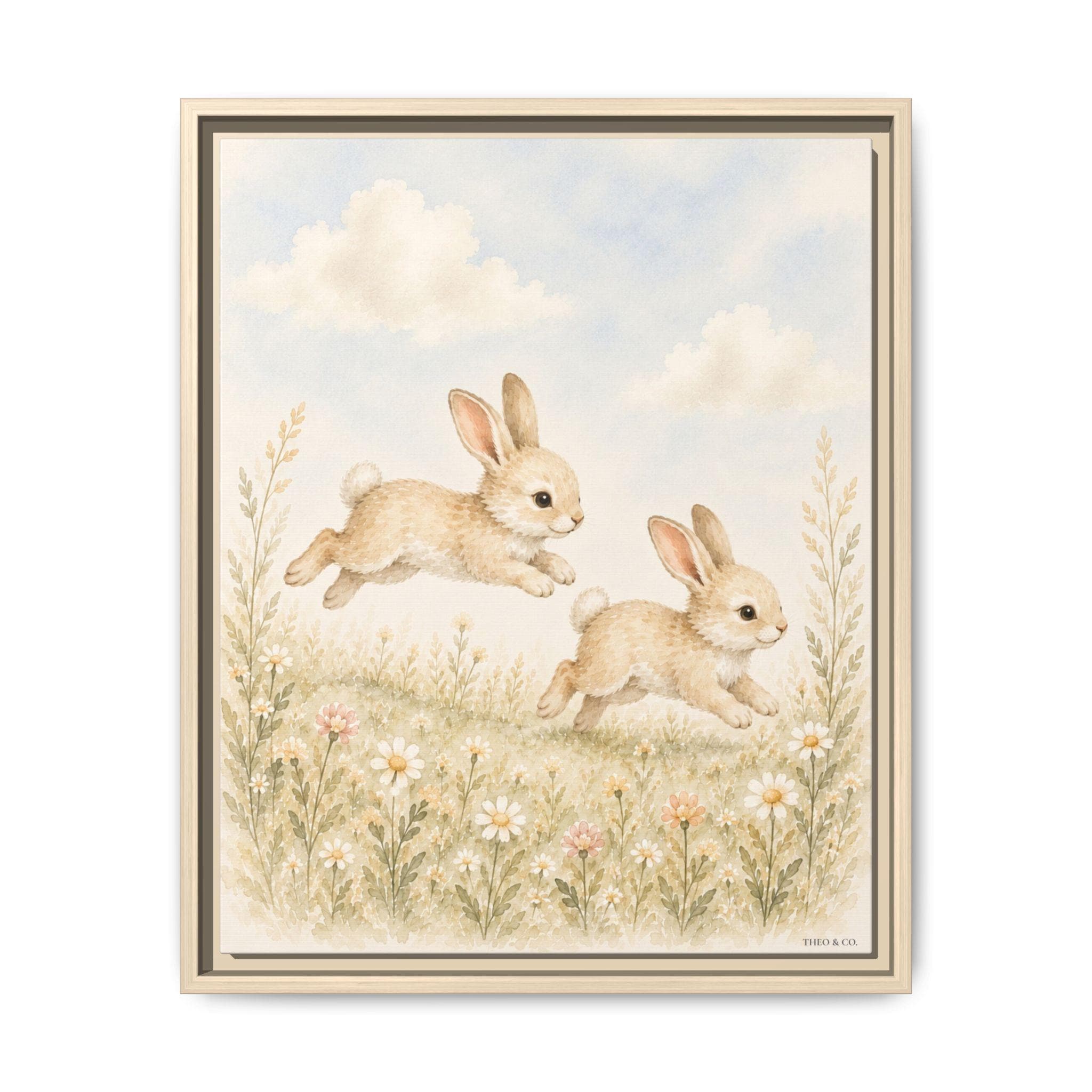 Playful Bunnies Woodland Floral Framed Canvas