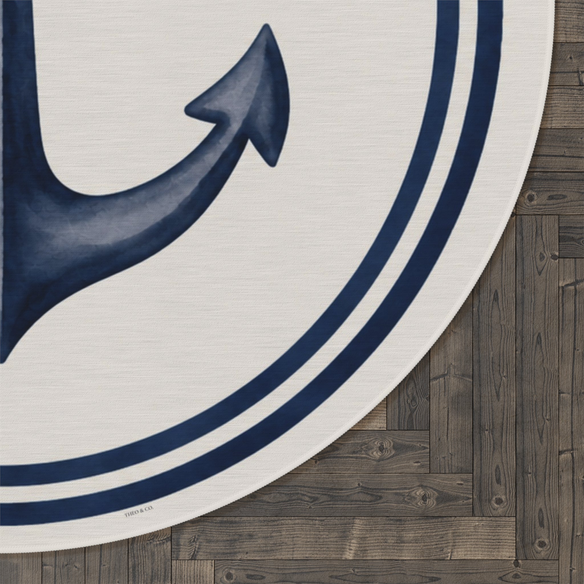 Blue Anchor Round Rug Coastal Nursery Nautical Ocean Playroom Watercolor Chenille Ivory