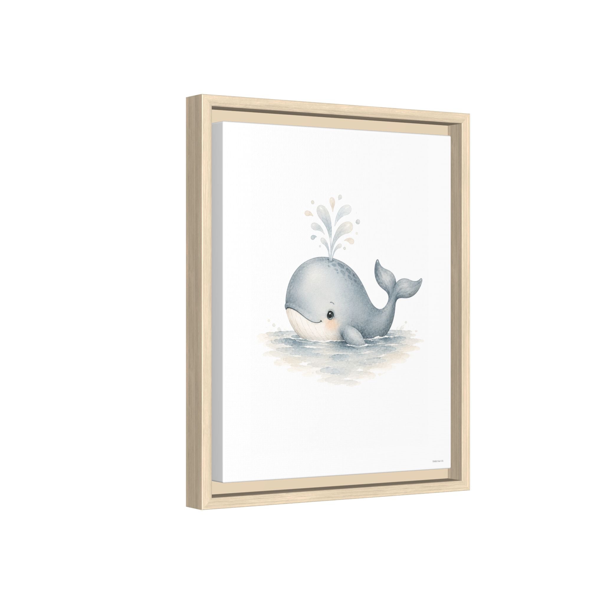 Framed wall art featuring a cute gray baby whale blowing bubbles on a white background, housed in a light natural wood frame.