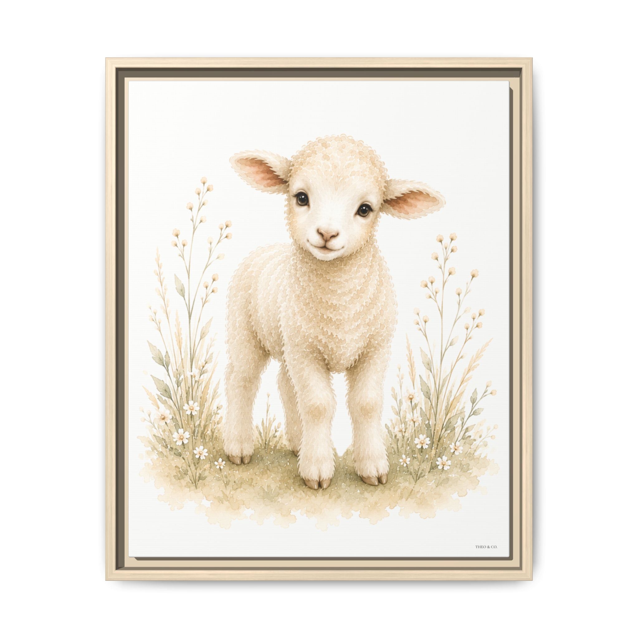 A hung framed floating canvas of a Baby Lamb looking at the viewer in a watercolor green floral field. It is styled on a white background.