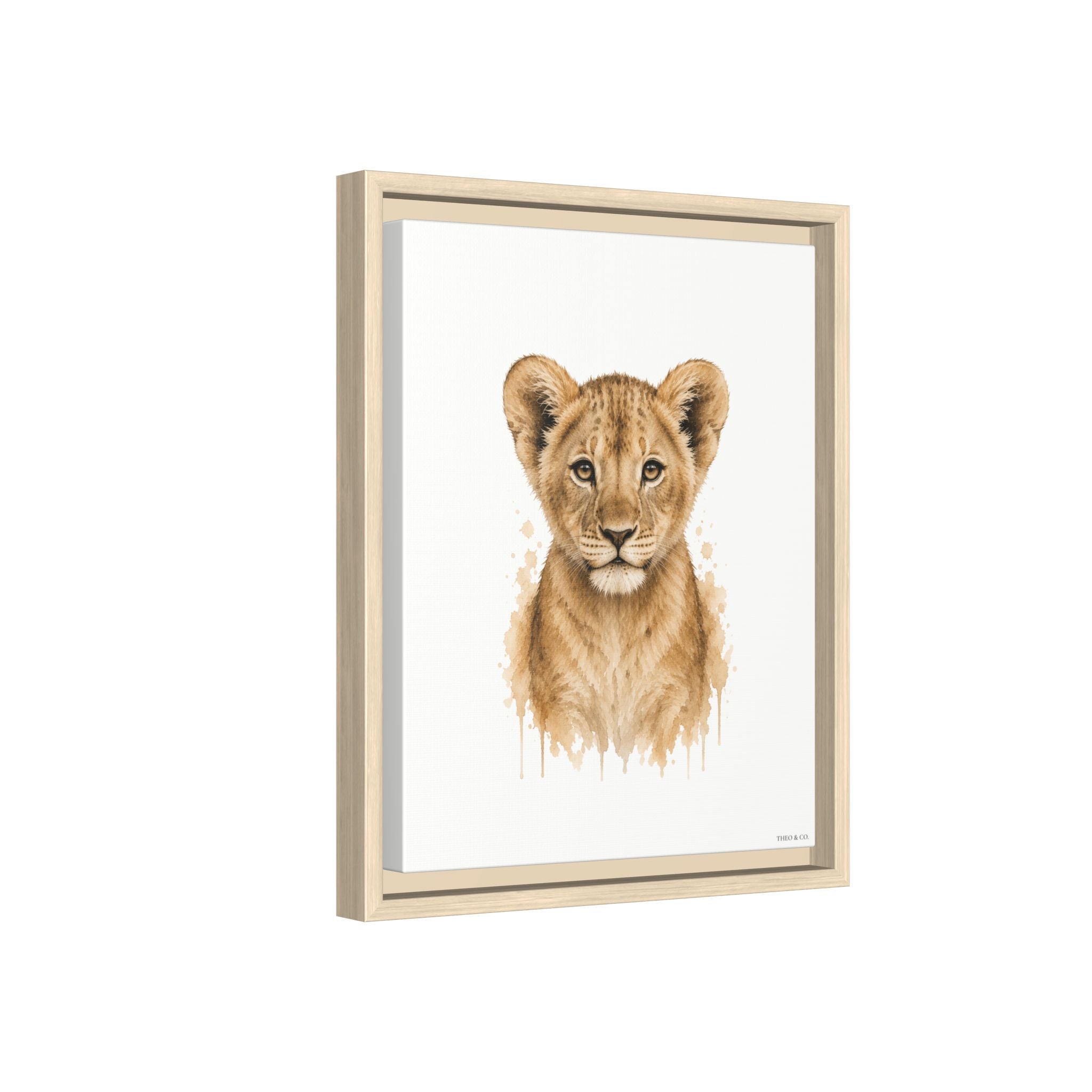 Framed wall art featuring a watercolor-style illustration of a lion cub centered on a white background, shown in a light natural wood frame against a clean white backdrop.