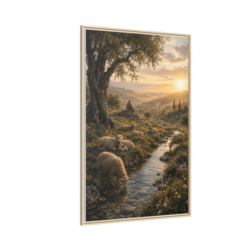 A vertical framed landscape art print depicting sheep grazing by a stream in a sunlit hillside scene, shown against a plain white background.