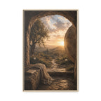 A framed art print depicting a scenic landscape with a stone archway, a draped cloth, and a sunset over a distant hillside, shown against a plain white background.