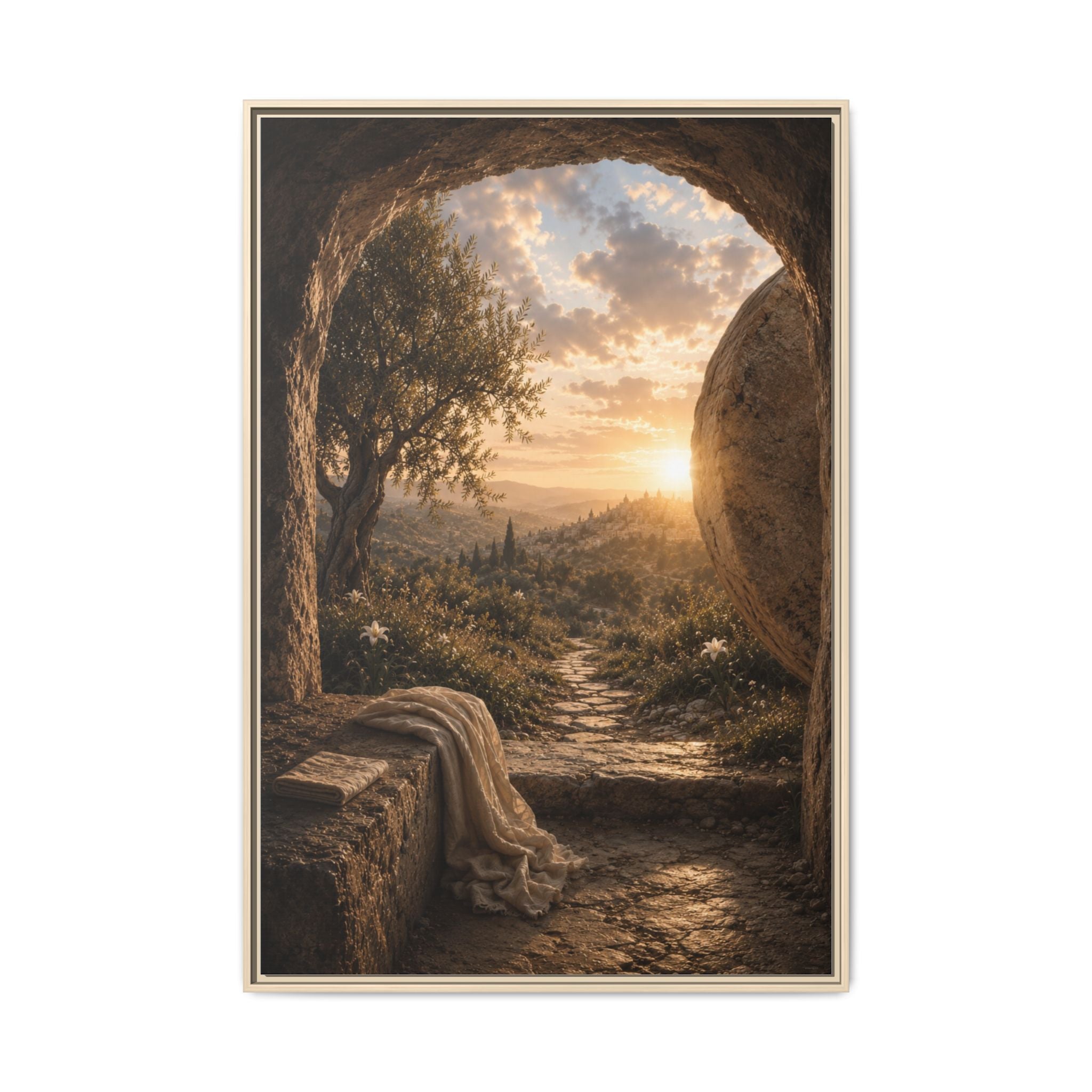 A framed art print depicting a scenic landscape with a stone archway, a draped cloth, and a sunset over a distant hillside, shown against a plain white background.