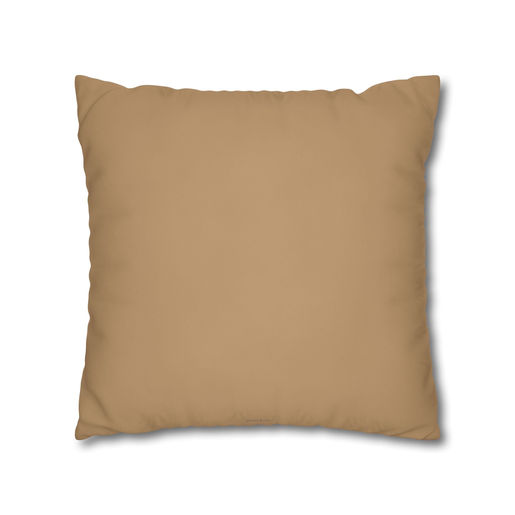 A square throw pillow in a solid tan color, shown against a plain white background with a soft drop shadow.