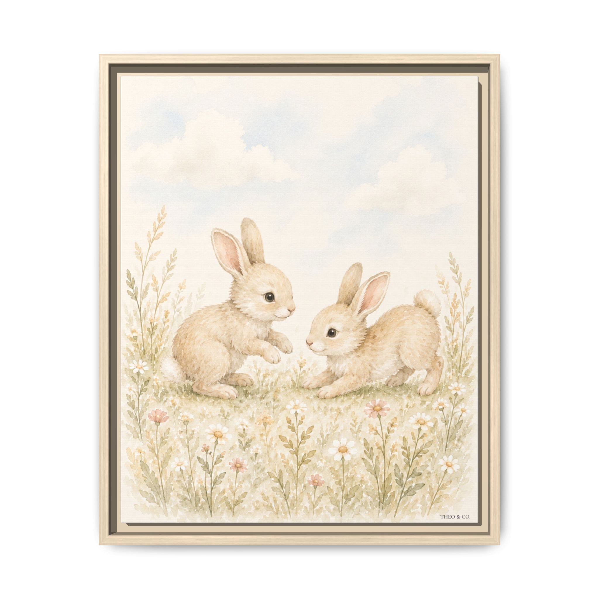 Playful Baby Bunnies Woodland Framed Canvas