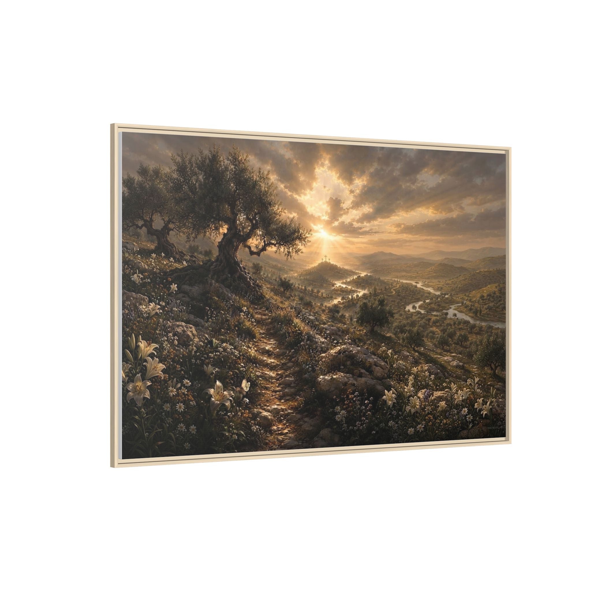 A framed landscape art print depicting an olive grove path at sunset, shown against a plain white background.