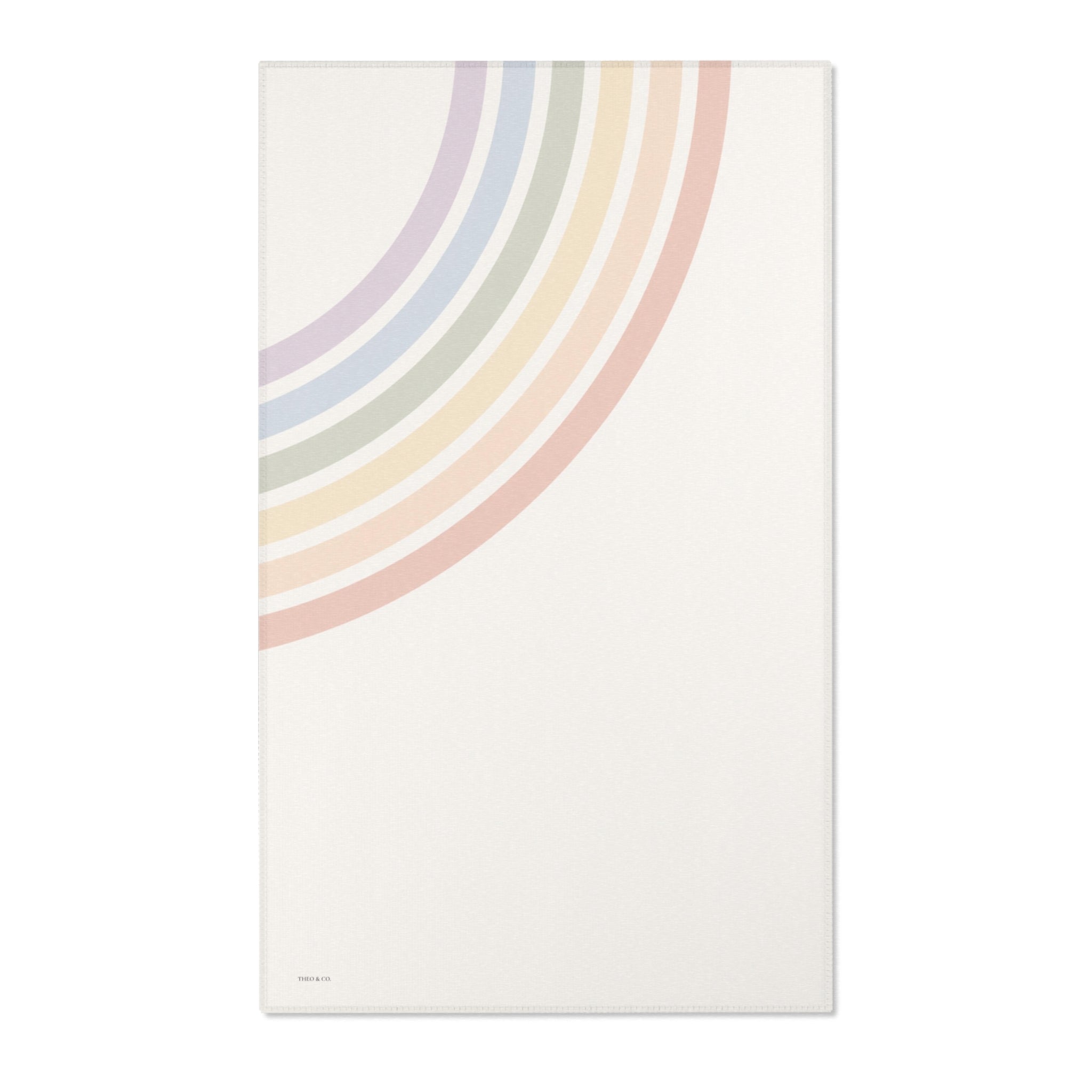 A minimalist art print or poster featuring a series of pastel rainbow arches on the left side of an off-white background.