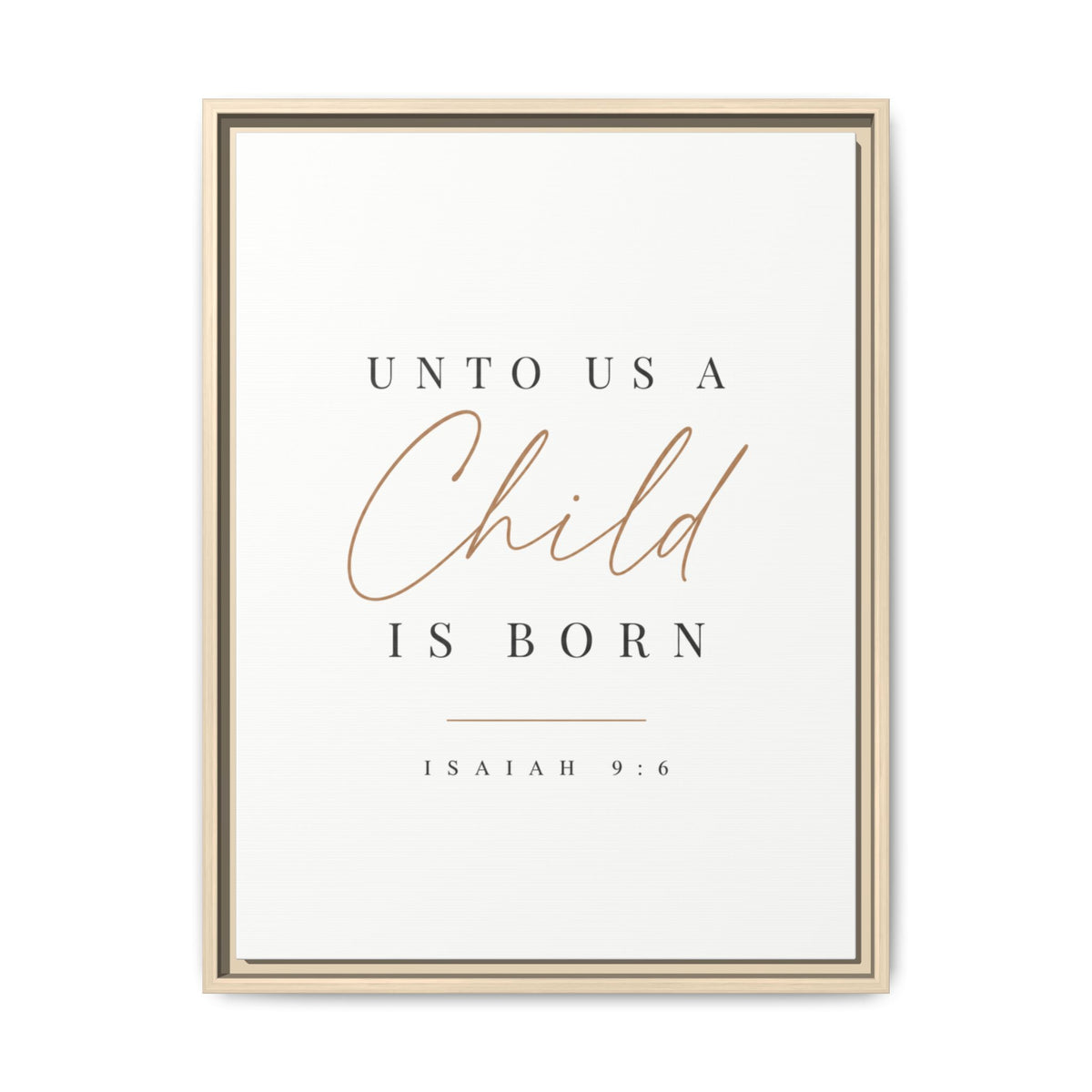 Unto Us a Child Is Born Christmas scripture canvas with copper script, styled view.