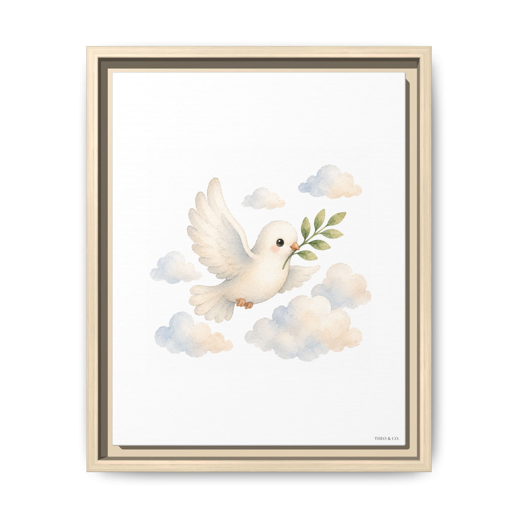 Framed art print featuring a white dove carrying a green leaf, surrounded by soft pastel clouds on a white background, enclosed in a light wood frame.