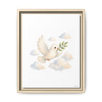 Framed art print featuring a white dove carrying a green leaf, surrounded by soft pastel clouds on a white background, enclosed in a light wood frame.