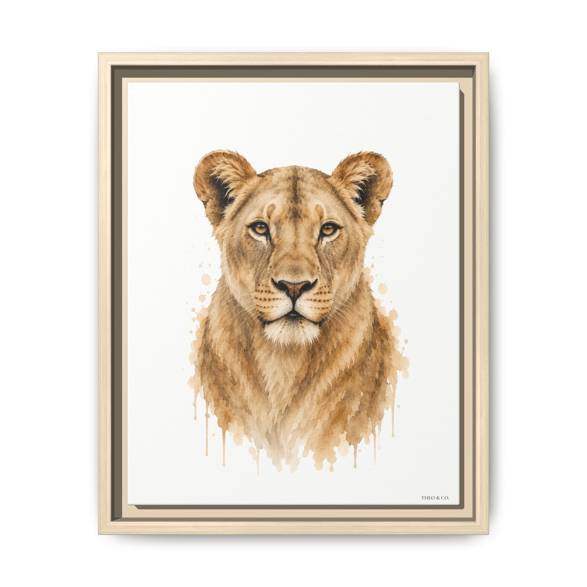 Framed watercolor art print of a lioness face, shown in a light wood frame against a clean white background.