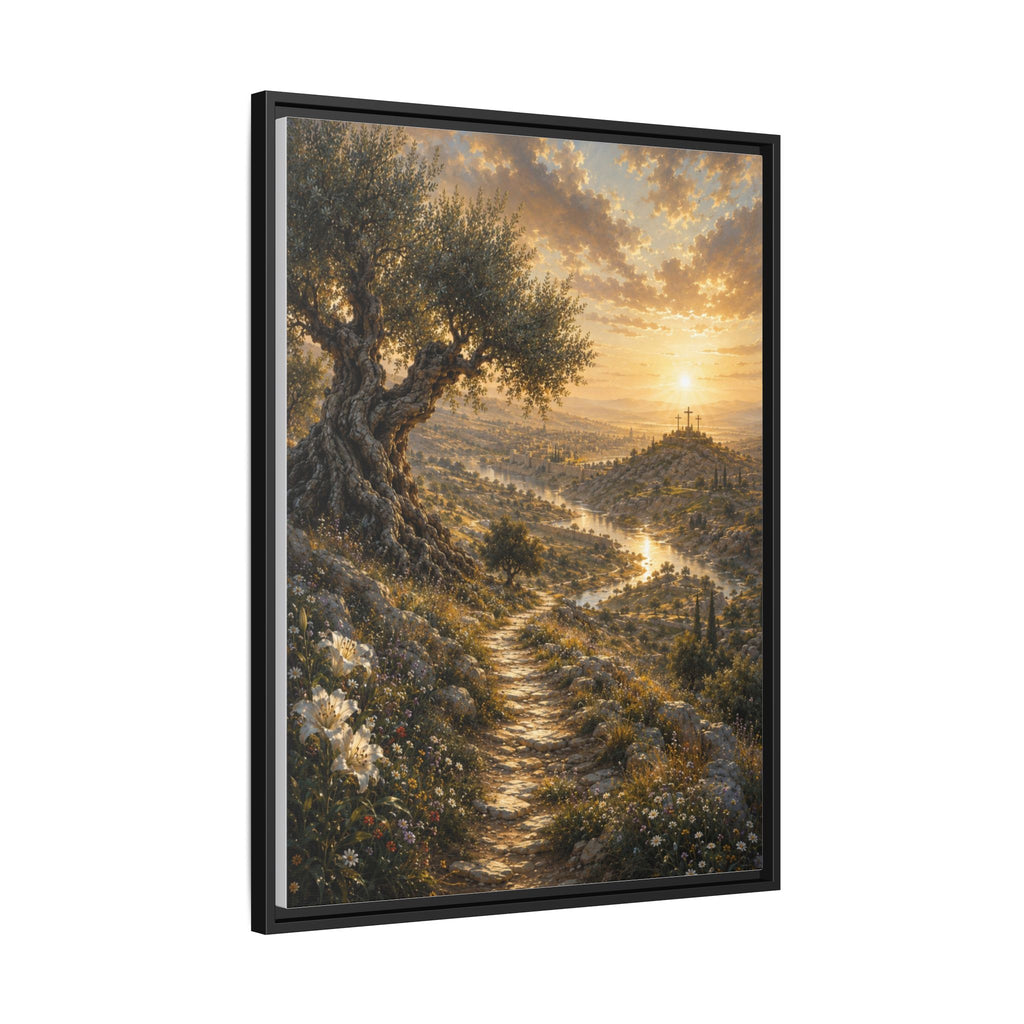 Framed landscape wall art showing a sunlit path winding through a hillside scene with an olive tree, wildflowers, and distant crosses under a glowing sky, presented in a black frame on a white background.