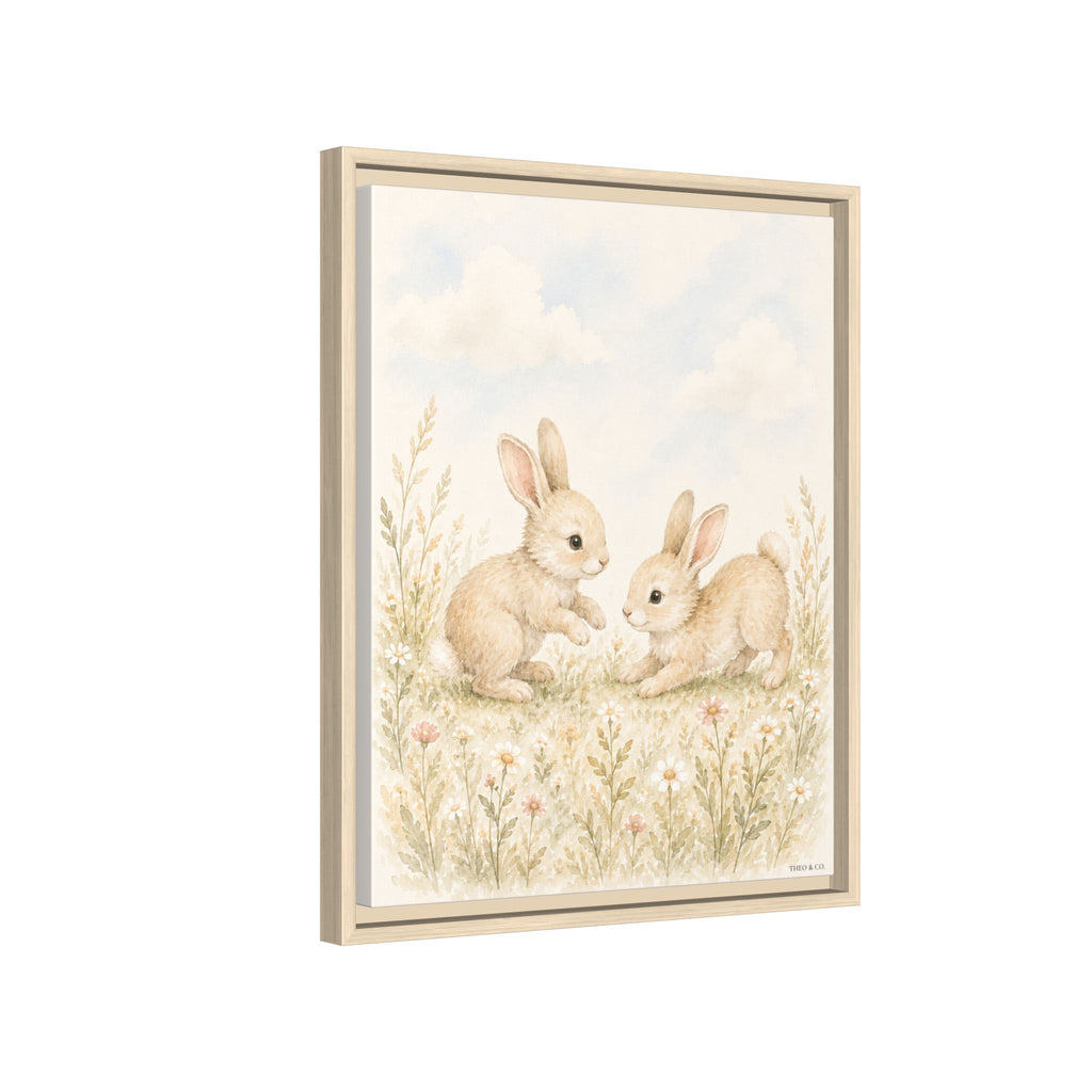 Playful Baby Bunnies Woodland Framed Canvas