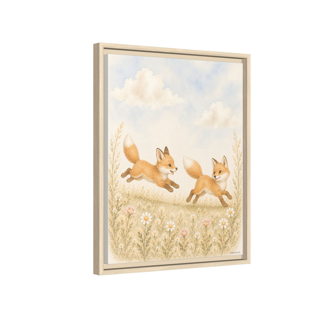 Running Baby Foxes Woodland Framed Canvas
