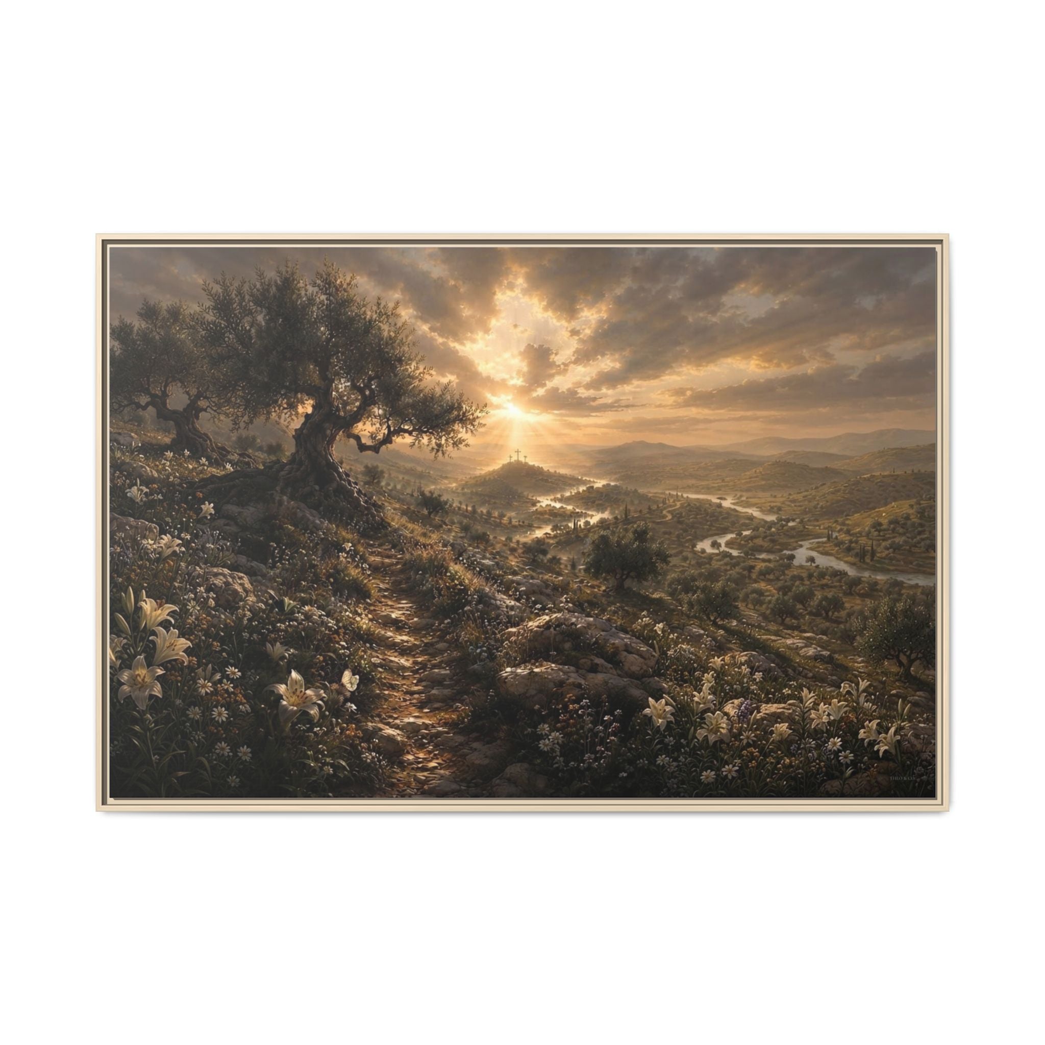 A framed landscape art print depicting an olive grove path leading toward a glowing sunset over rolling hills and a distant river valley, shown against a plain white background.