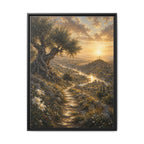 A framed landscape art print depicting an olive tree, a winding path, and a glowing sunset over a valley, presented in a black frame against a white background.