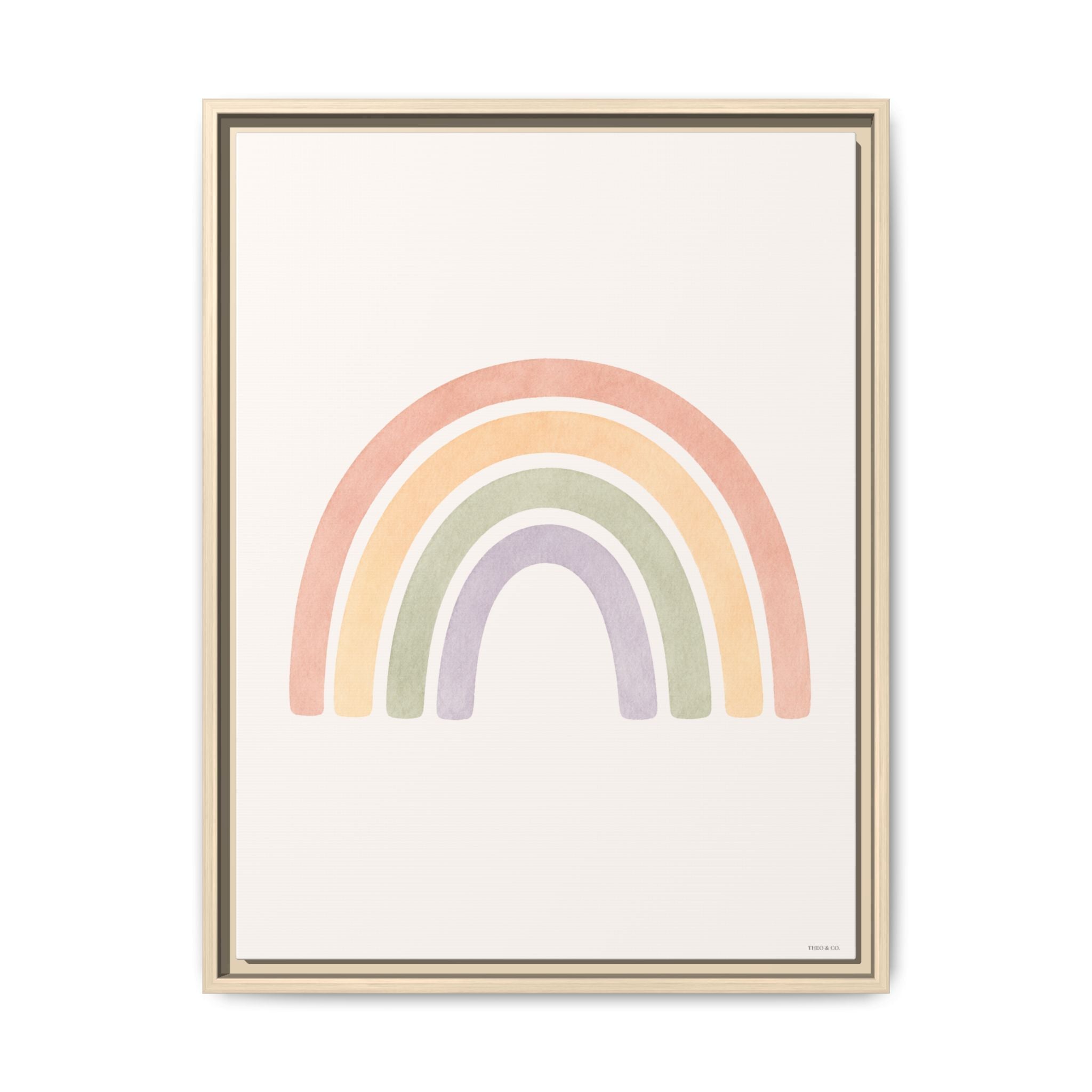 A framed pastel rainbow art print with soft peach, orange, yellow, green, and lavender arches on an off-white background, shown in a light wood frame against a white wall.