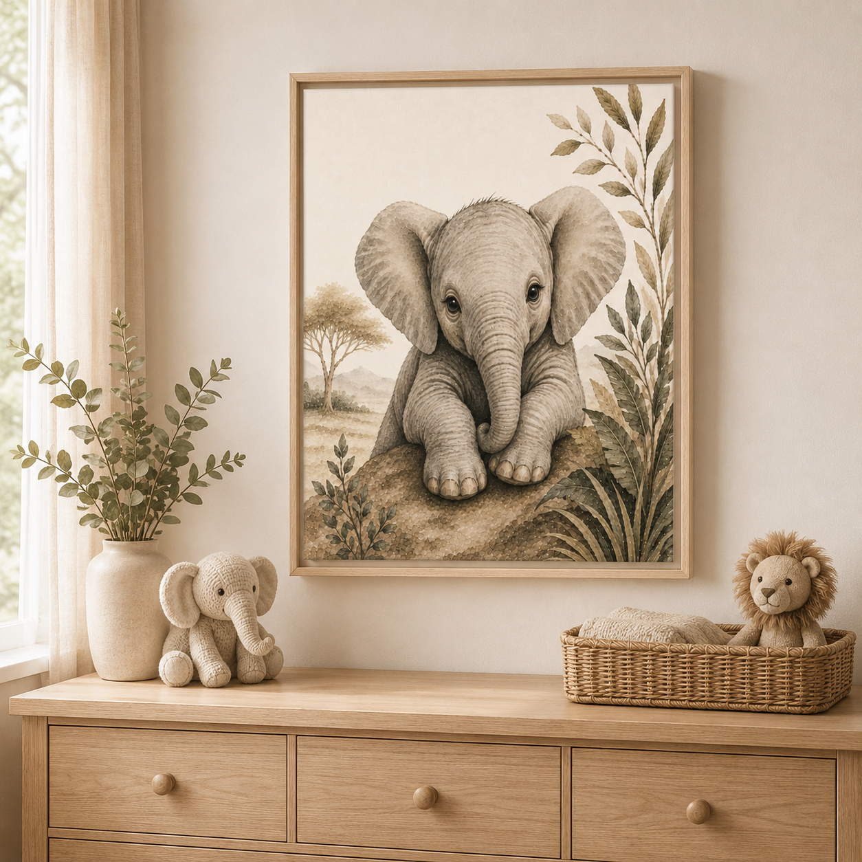 A framed art print of a baby elephant hanging on a beige wall above a wooden dresser in a safari styled nursery. The print features a detailed sepia-toned illustration of a baby elephant on a rock, flanked by leaves.