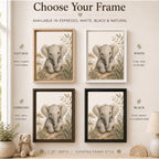 A framed wall art display showing four versions of the same elephant illustration in different frame finishes: natural wood, white, espresso brown, and black. The image includes text labels for each frame color and decorative room props like a plant, teddy bear, and lamp.