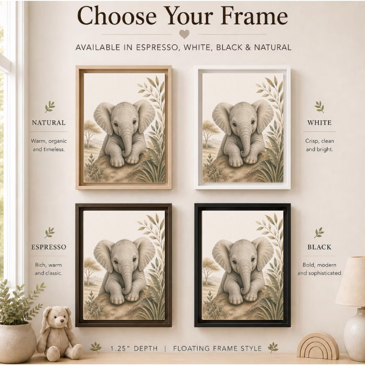 A framed wall art display showing four versions of the same elephant illustration in different frame finishes: natural wood, white, espresso brown, and black. The image includes text labels for each frame color and decorative room props like a plant, teddy bear, and lamp.