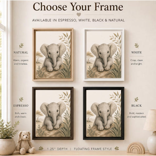 A framed wall art display showing four versions of the same elephant illustration in different frame finishes: natural wood, white, espresso brown, and black. The image includes text labels for each frame color and decorative room props like a plant, teddy bear, and lamp.