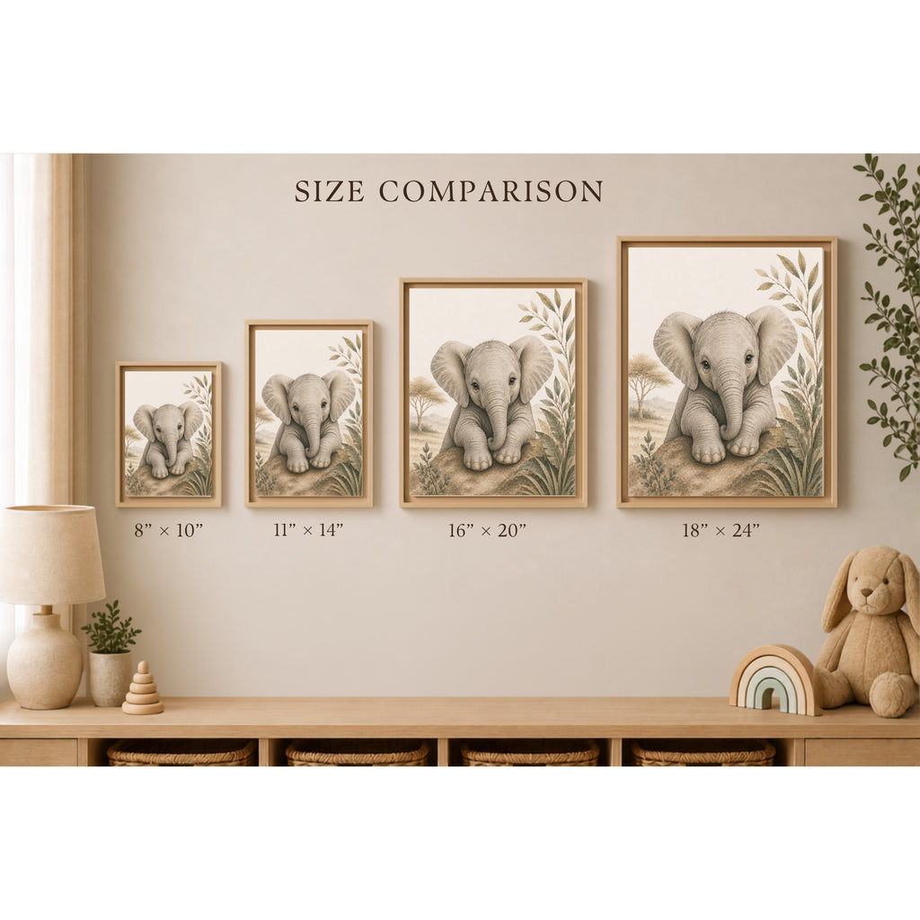 Four framed elephant wall art prints shown in a nursery-like room, labeled with sizes from 8" x 10" to 18" x 24" under the heading 'SIZE COMPARISON.' The scene includes a lamp, shelf, basket, and stuffed bunny, so this is a lifestyle/interior-context image rather than a clean product-only shot.