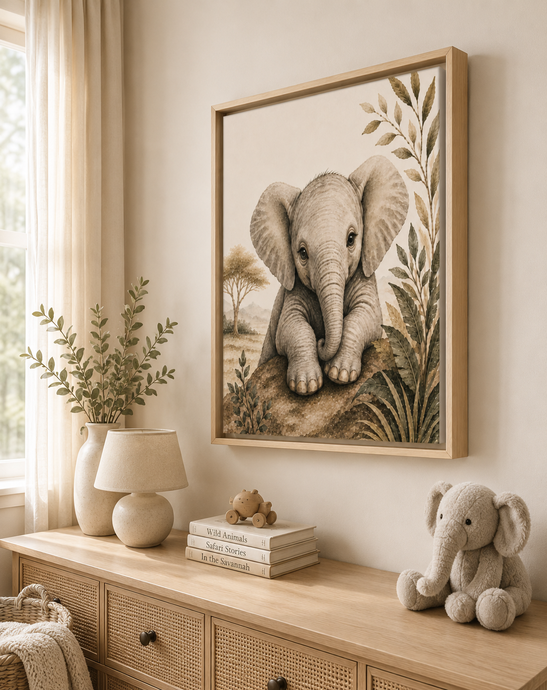 A framed wall art print showing a detailed illustration of a baby elephant, styled in a warm, neutral nursery or children's room above a wooden console table with a lamp, books, and a plush toy.