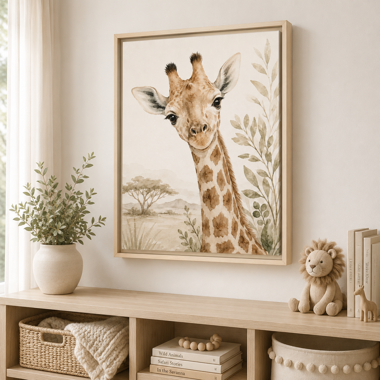 A framed safari -style giraffe print hangs on a light wall above a wooden shelf with books, a small stuffed lion, and a potted plant. The product appears to be the framed wall art itself rather than the room decor.