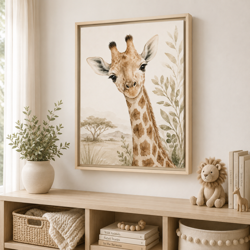 A framed safari -style giraffe print hangs on a light wall above a wooden shelf with books, a small stuffed lion, and a potted plant. The product appears to be the framed wall art itself rather than the room decor.