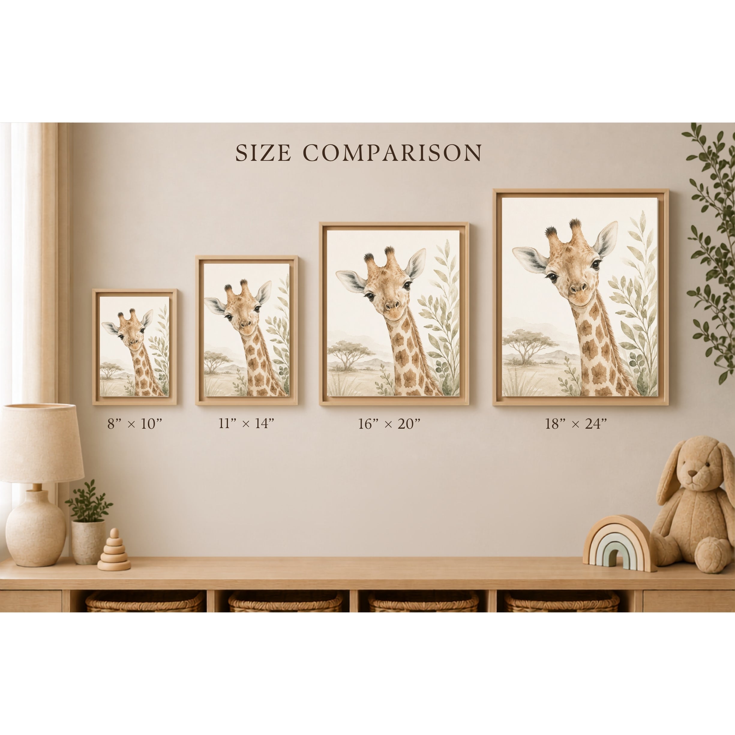 Four framed giraffe wall art prints shown in a nursery-like room, labeled with sizes from 8 x 10 to 18 x 24 inches, with the text 'SIZE COMPARISON' above them.