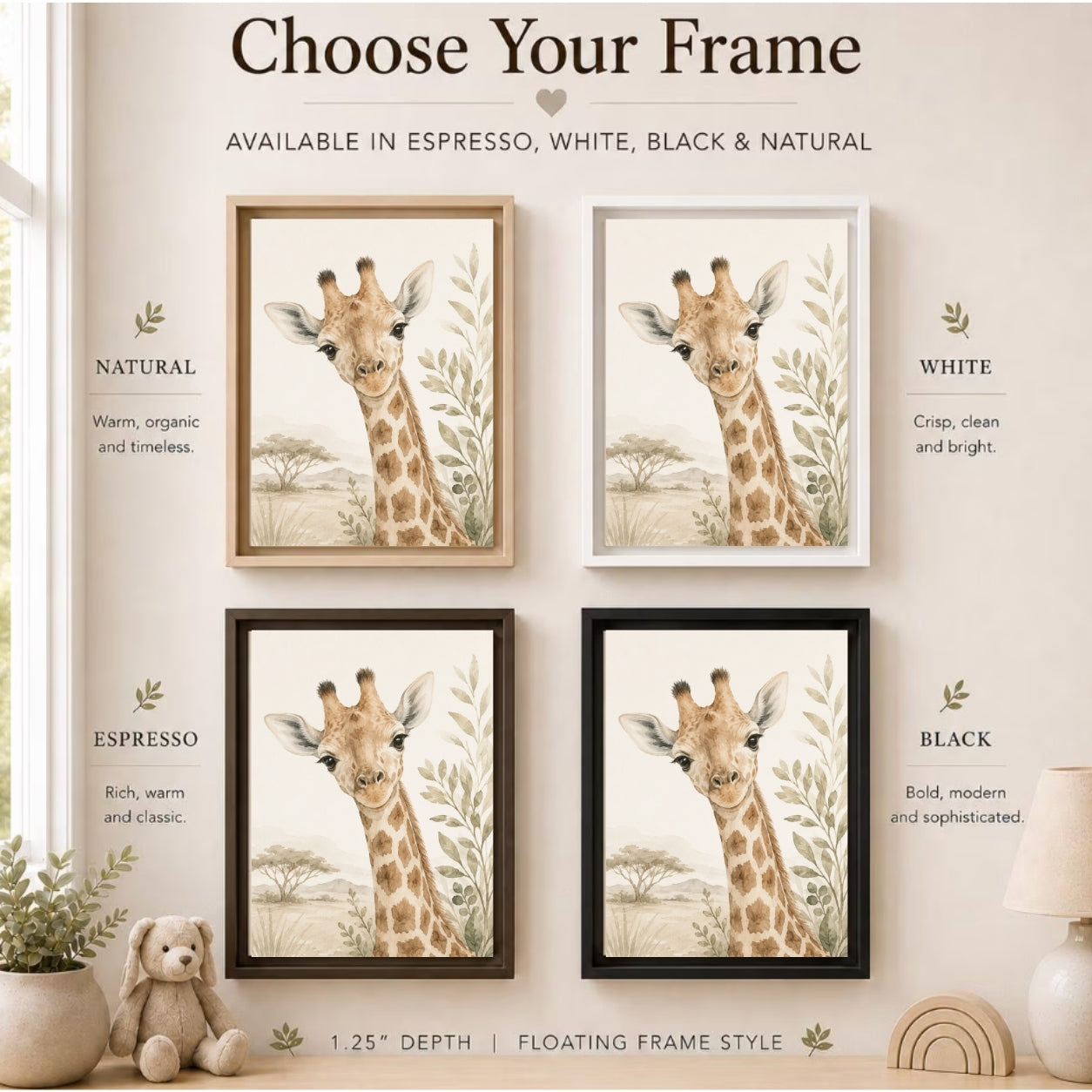 A framed giraffe wall art set shown in four frame finishes on a beige wall, with text labels for Natural, White, Espresso, and Black. The top reads 'Choose Your Frame' and the bottom includes '1.