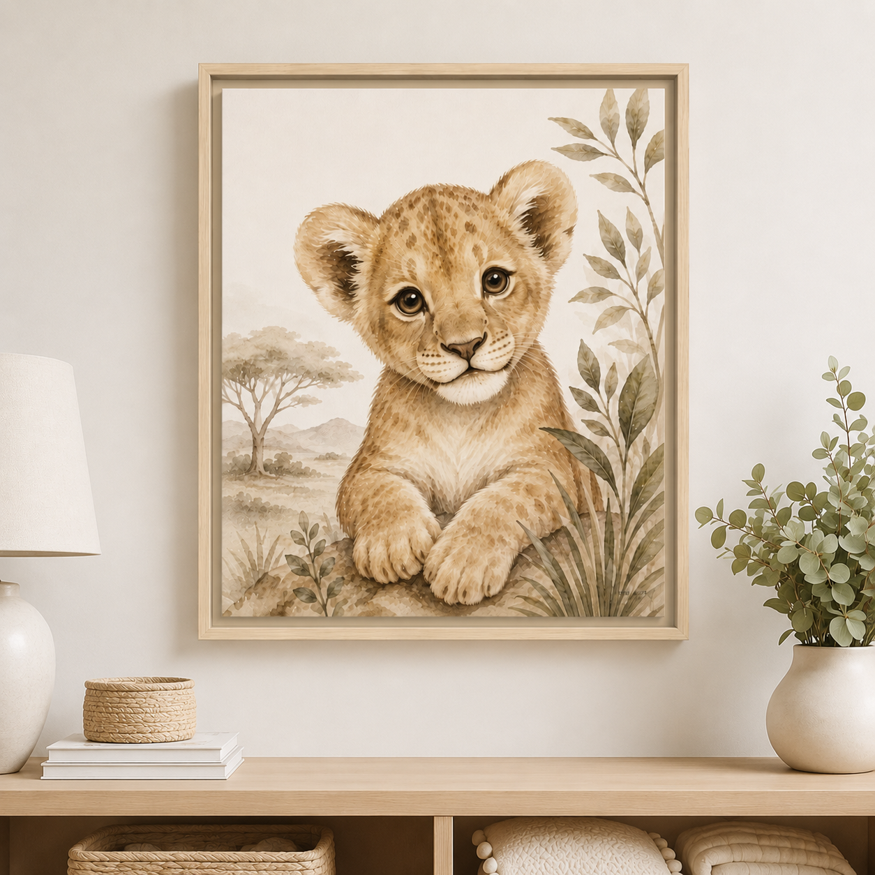 A framed watercolor-style print of a cute lion cub sitting among leaves, displayed on a light wood console table against a warm off-white wall, with a lamp on the left and a potted plant on the right.