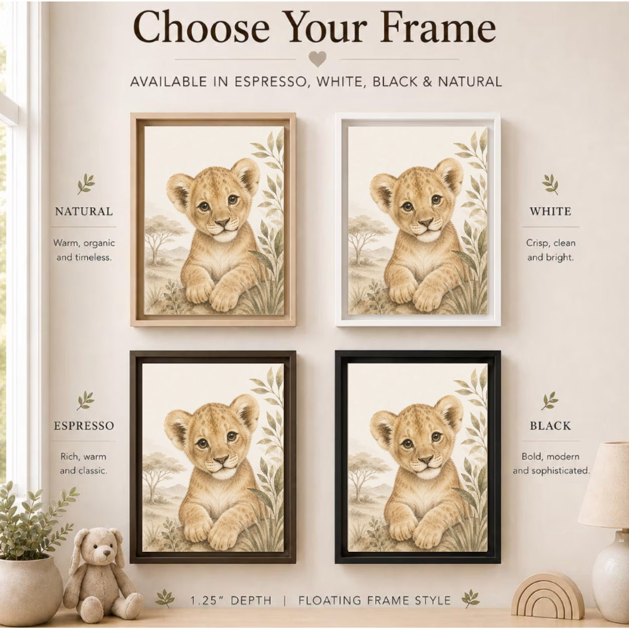 A wall display showing four framed animal cub art prints in different frame finishes: natural wood, white, espresso, and black. Above the frames, text reads 'Choose Your Frame' and lists the available frame colors.