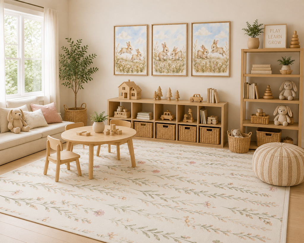 A beautifully styled children's playroom featuring a large floral cream rug with a delicate green and pink floral vine pattern, a small round wooden table and chairs, wooden storage cubbies, a striped pouf, and three framed animal prints on the wall.